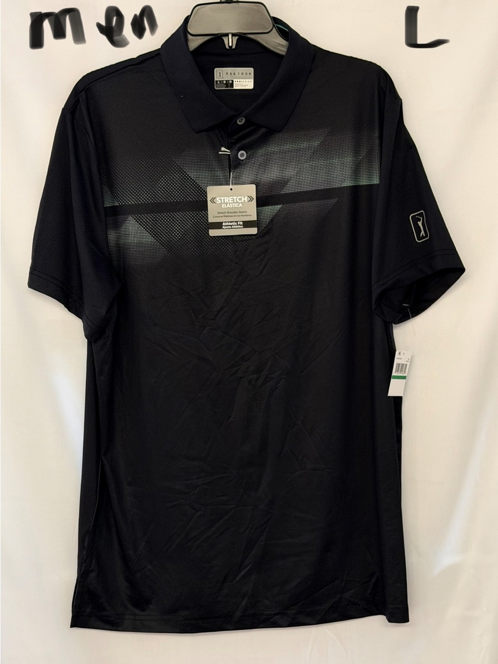 PGA Tour Black Men's Stretch Performance Polo with Subtle Gray Stripe